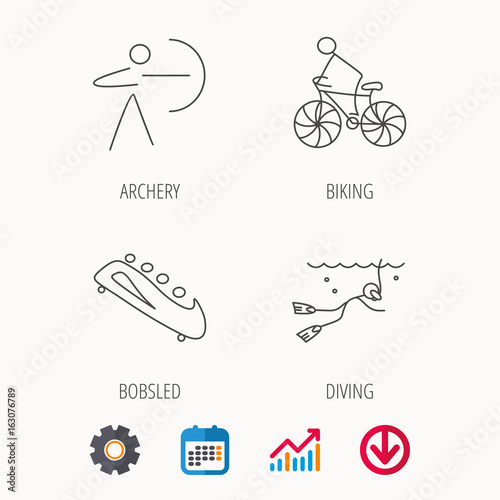 Diving, biking and archery icons. Bobsled linear sign. Calendar, Graph chart and Cogwheel signs. Download colored web icon. Vector