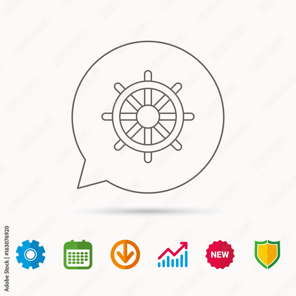 Ship steering wheel icon. Captain rudder sign. Sailing symbol. Calendar, Graph chart and Cogwheel signs. Download and Shield web icons. Vector Ship steering wheel icon. Captain rudder sign. Sailing symbol. Calendar, Graph chart and Cogwheel signs. Download and Shield web icons. Vector