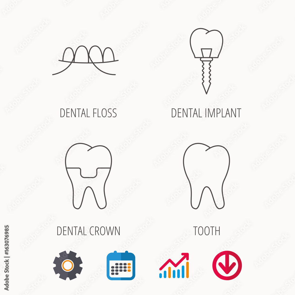 Dental implant, floss and tooth icons. Dental crown linear sign. Calendar, Graph chart and Cogwheel signs. Download colored web icon. Vector Dental implant, floss and tooth icons. Dental crown linear sign. Calendar, Graph chart and Cogwheel signs. Download colored web icon. Vector