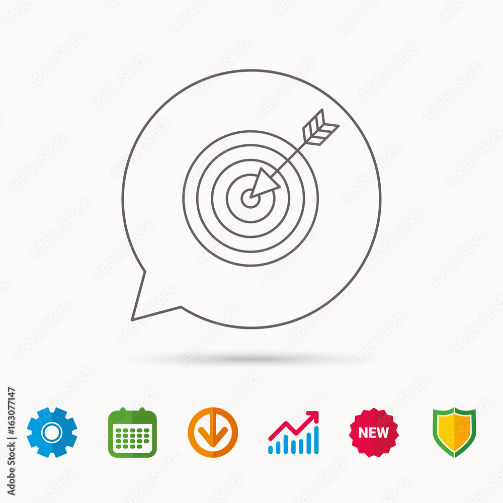 Target with arrow icon. Dart aim sign. Calendar, Graph chart and Cogwheel signs. Download and Shield web icons. Vector Target with arrow icon. Dart aim sign. Calendar, Graph chart and Cogwheel signs. Download and Shield web icons. Vector