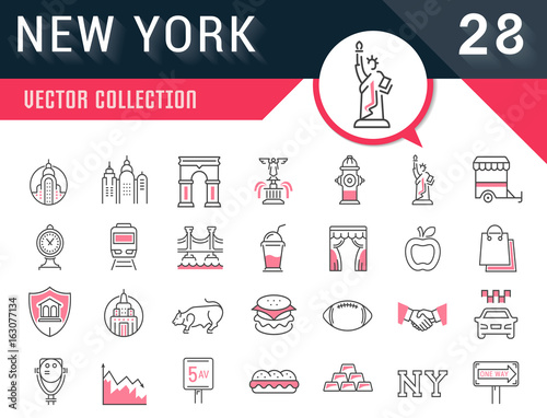 Set Vector Flat Line Icons New York