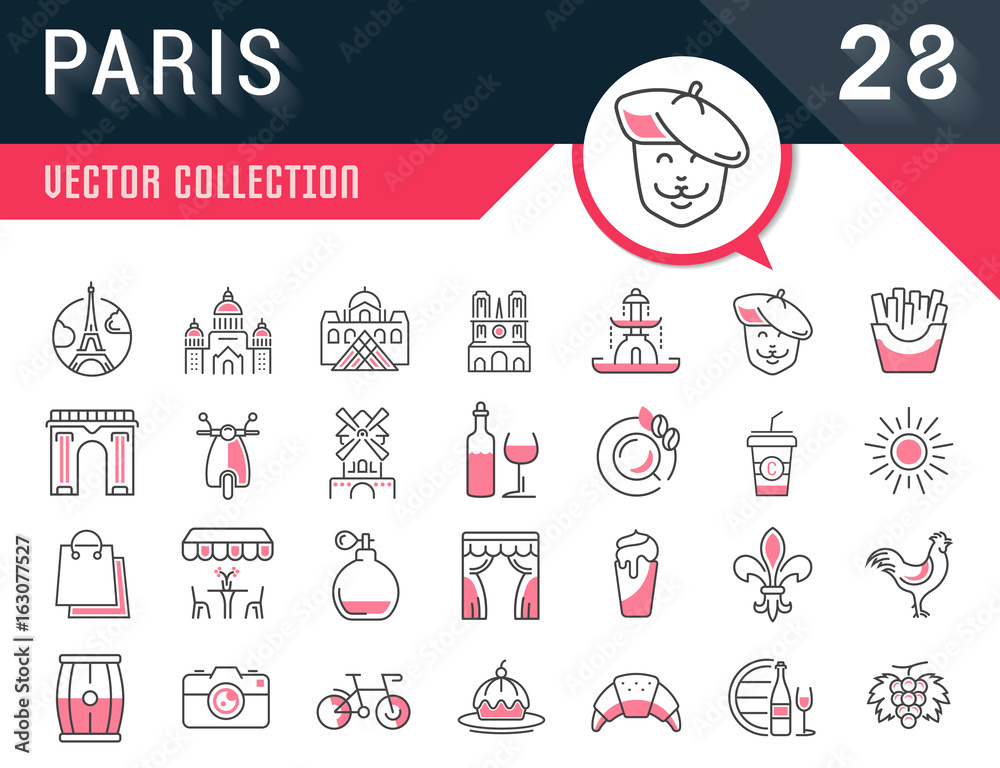 Set Vector Flat Line Icons Paris Set Vector Flat Line Icons Paris