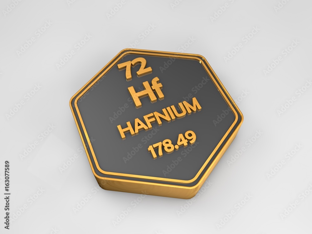 hafnium - Hf - chemical element periodic table hexagonal shape 3d render