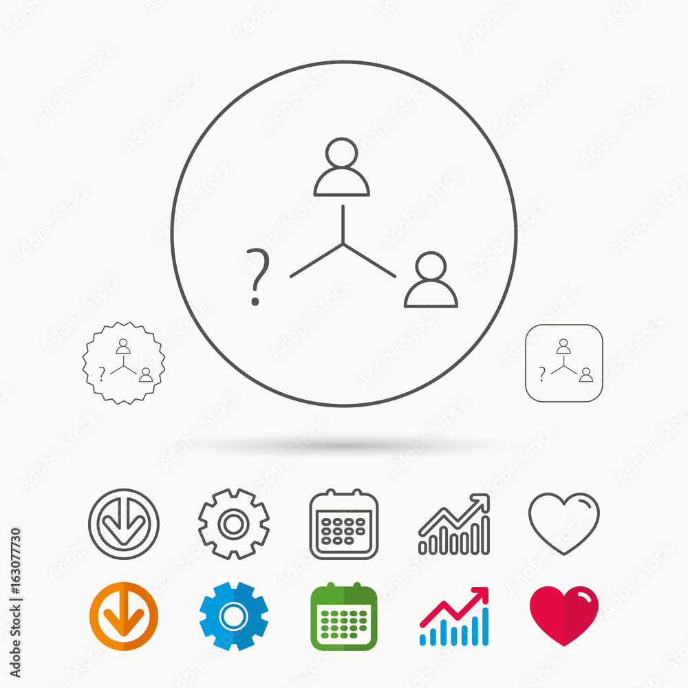 Fototapeta premium Vacancy or hire job icon. Teamwork sign. Question mark symbol. Calendar, Graph chart and Cogwheel signs. Download and Heart love linear web icons. Vector