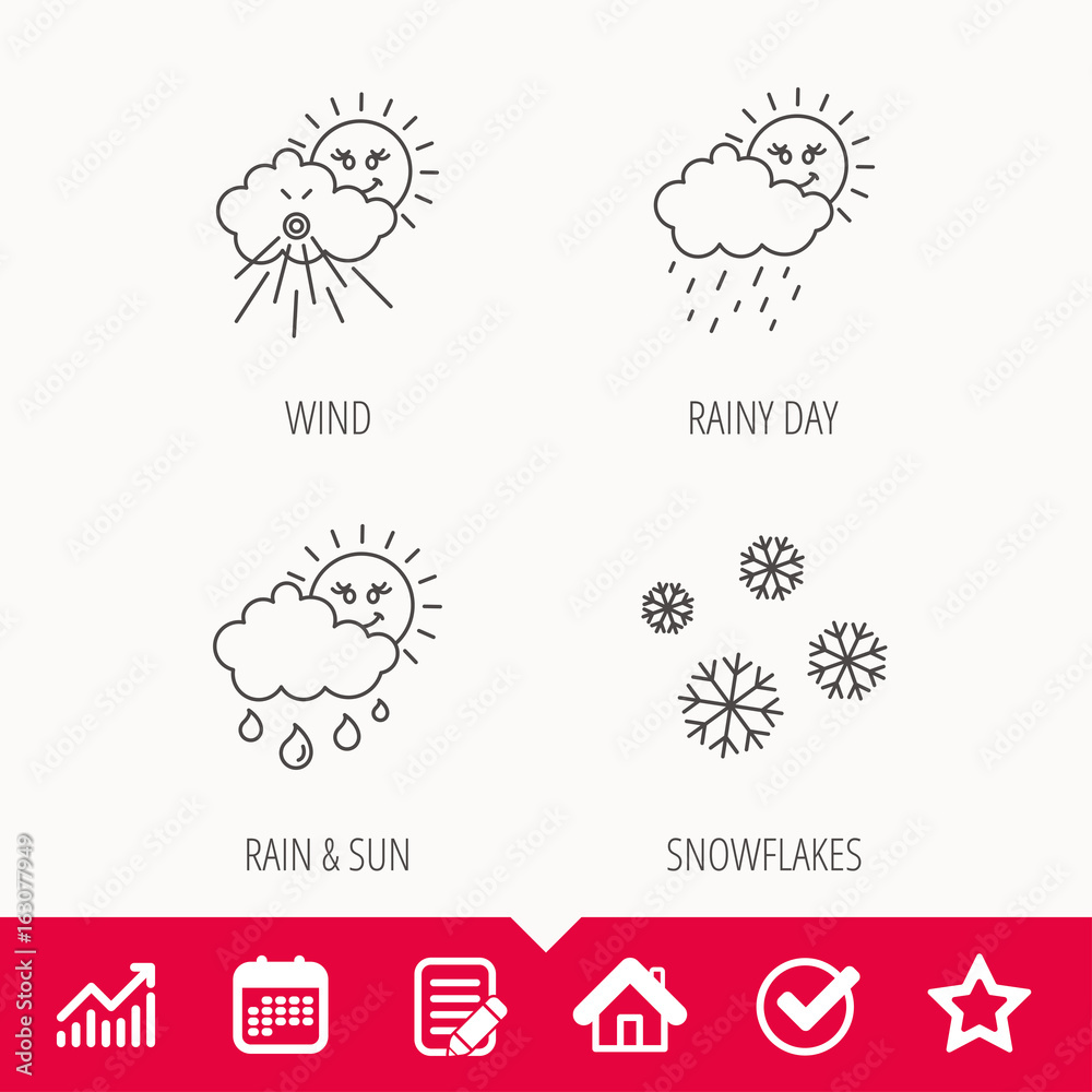 Snowflakes, sun and rain icons. Wind linear sign. Edit document, Calendar and Graph chart signs. Star, Check and House web icons. Vector