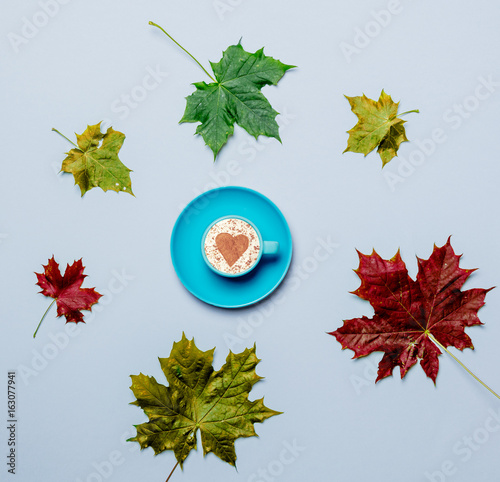 Autumn leaves and heart shape cappuccino photo