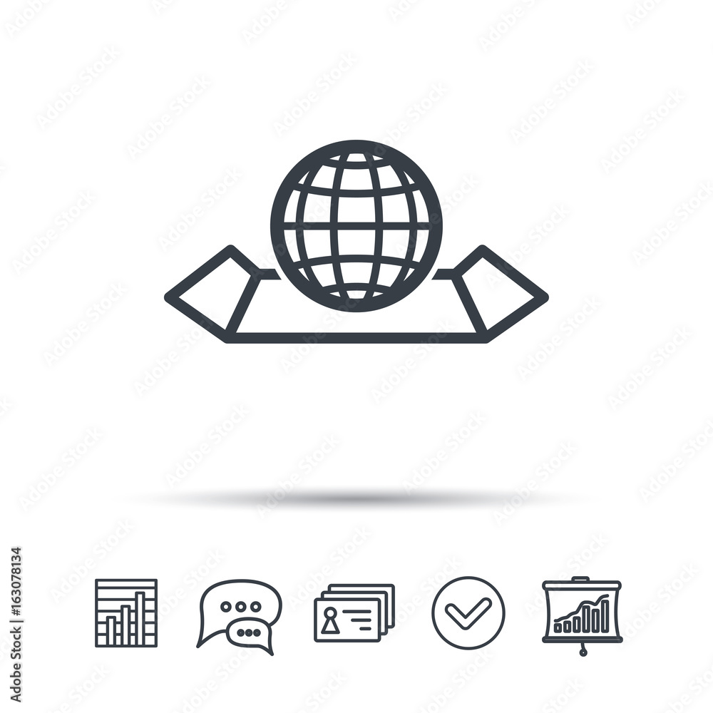 World map icon. Globe sign. Travel location symbol. Chat speech bubble, chart and presentation signs. Contacts and tick web icons. Vector World map icon. Globe sign. Travel location symbol. Chat speech bubble, chart and presentation signs. Contacts and tick web icons. Vector