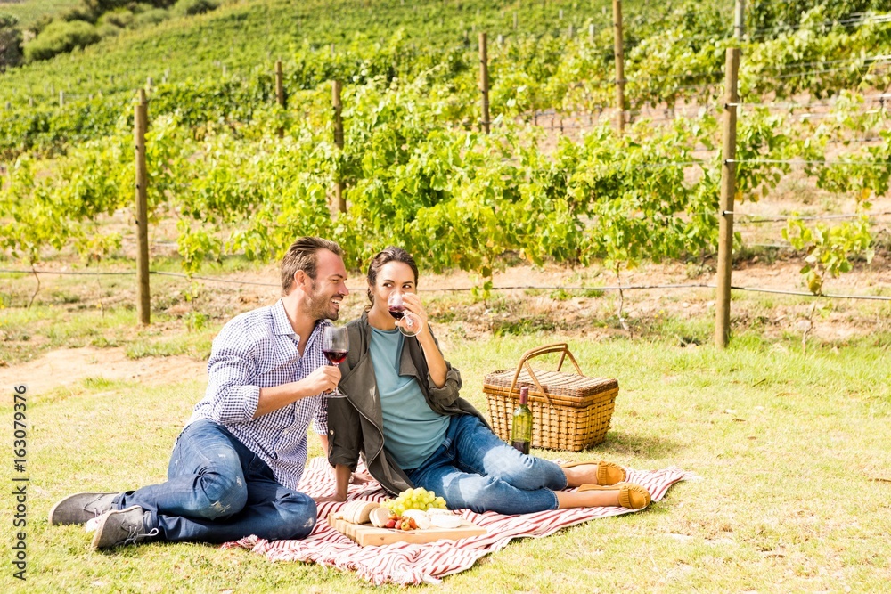 Full length of couple having wine at vineyard Full length of couple having wine at vineyard