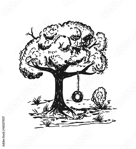 Sketch of a tree with a tyre swing. Vector illustration.