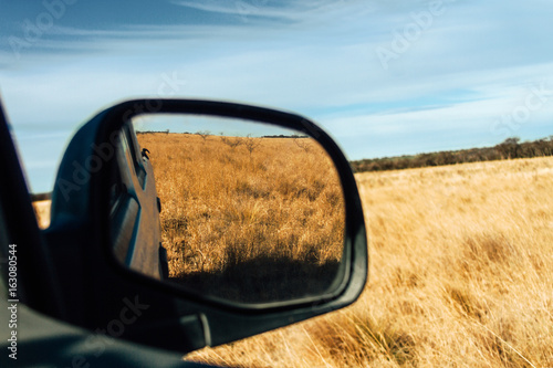 Grassland field seen through the rearview mirror of a pickup truck