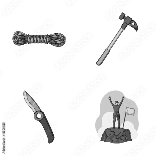 Climber on conquered top, coil of rope, knife, hammer.Mountaineering set collection icons in monochrome style vector symbol stock illustration web.