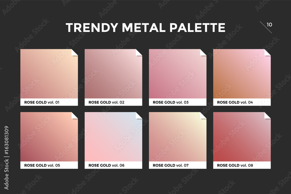 Rose gold gradient template. Collection palette of pink gold metallic  gradient swatches with gloss for backgrounds, textures. Realistic rose gold  metallic palettes, vector icons. Vector Illustration Stock Vector | Adobe  Stock