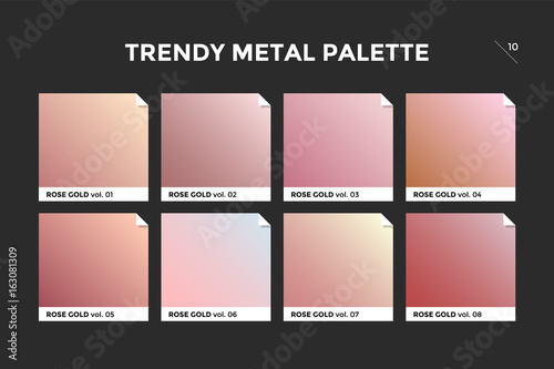 Rose gold gradient template. Collection palette of pink gold metallic gradient swatches with gloss for backgrounds, textures. Realistic rose gold metallic palettes, vector icons. Vector Illustration