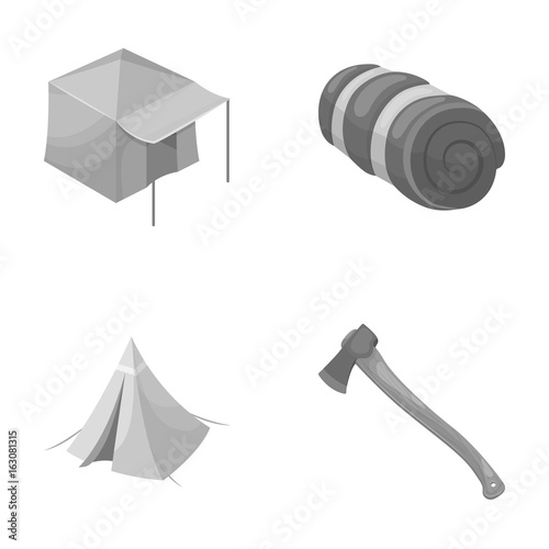 Tent with awning, ax and other accessories.Tent set collection icons in monochrome style vector symbol stock illustration web.