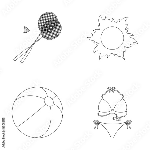 A game of badminton, a ball and the sun.Summer vacation set collection icons in outline style vector symbol stock illustration web.