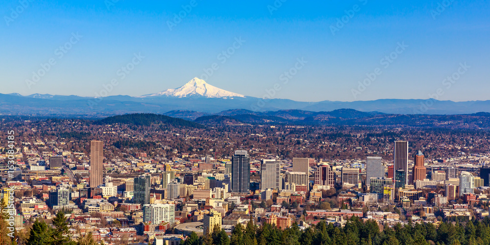 Portland Downtown Cityscape with Mt Hood