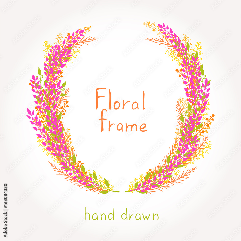 Vector floral hand drawn round frame. Vector floral hand drawn round frame.