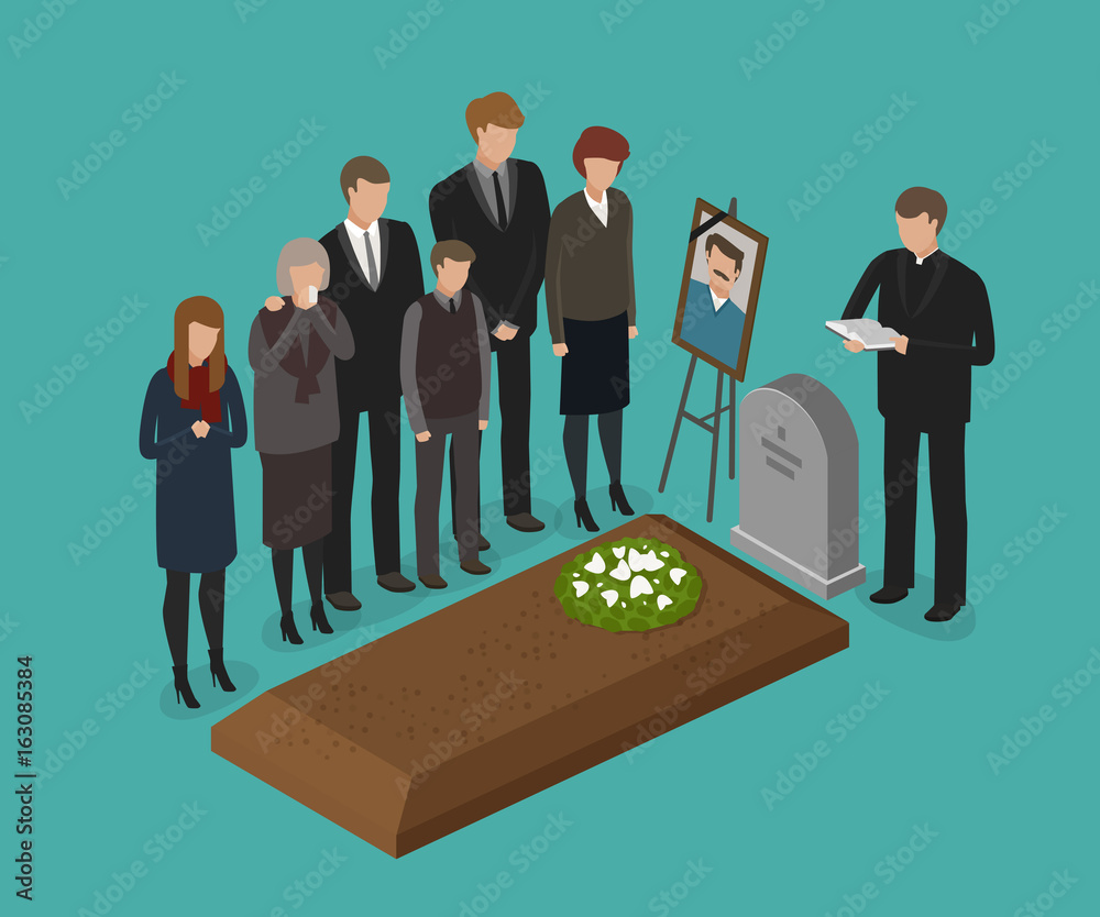 Funeral, burial concept. Cemetery, grave vector illustration Stock
