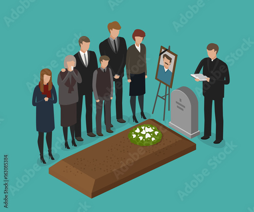 Funeral, burial concept. Cemetery, grave vector illustration