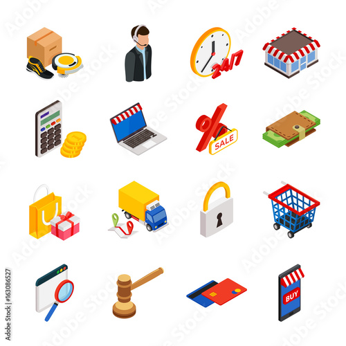 Electronic commerce isometric icon set with gadgets for buying on internet and shopping symbols