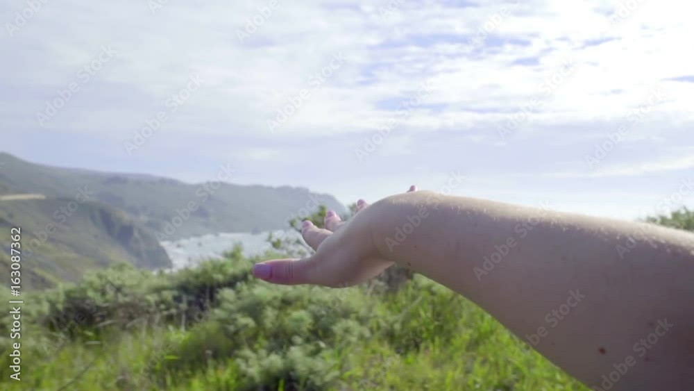 Closeup Of Hand Feeling Breeze, Outside Moving Car, Ocean In The Background 