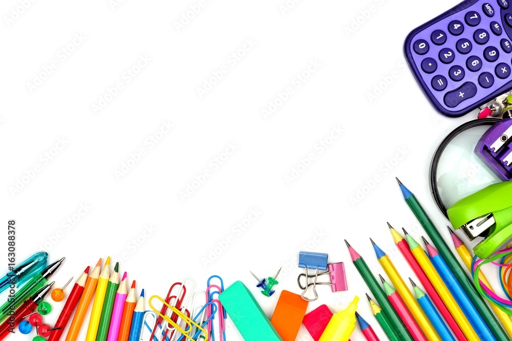 Fototapeta premium Colorful school supplies corner border against a white background