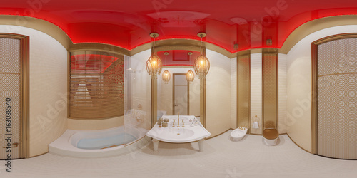 Photography 3d illustration spherical 360 degrees, seamless panorama of bathroom hotel room in a traditional Islamic style