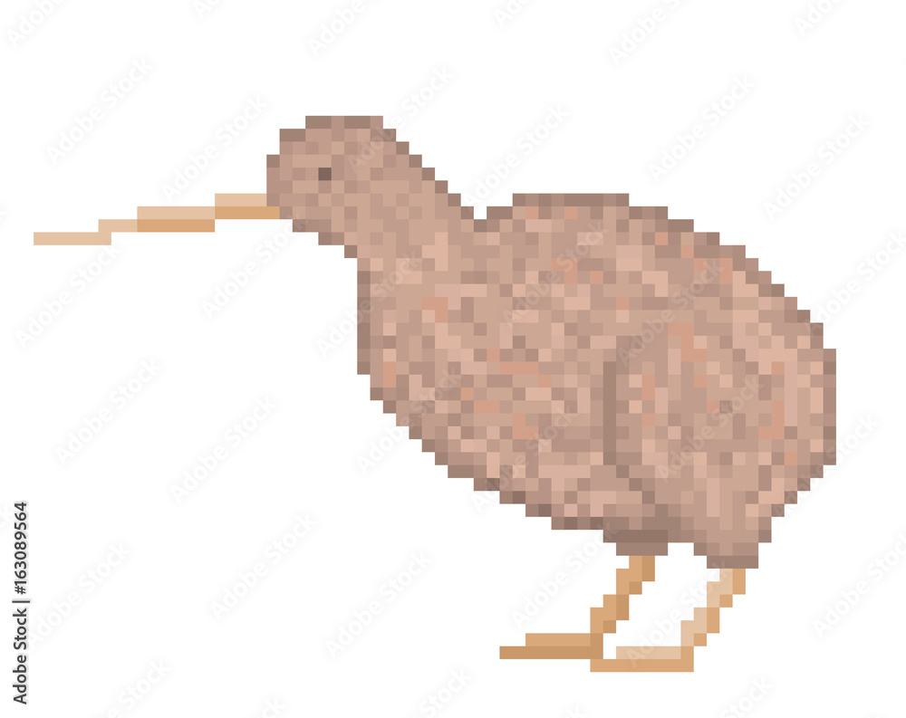 Old school 8 bit pixel art brown spotted kiwi bird standing on the ground  isolated on white background. New Zealand national symbol. Endangered  species animal. Retro video or computer game character. Stock
