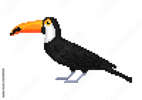 Old school 8 bit pixel art toco common  giant toucan isolated on white background. Wild south american animal. Exotic tropical jungle bird. Zoo national park inhabitant. Summer vacation character.
