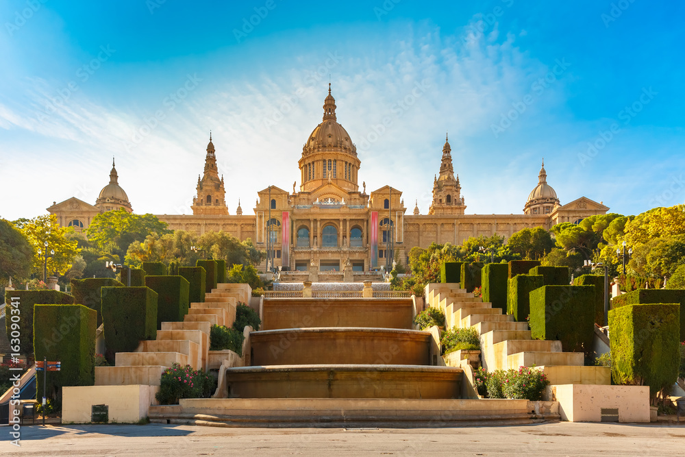 Spain square or Placa De Espanya during morning golden hour, with the National Museum, in Barcelona, Spain