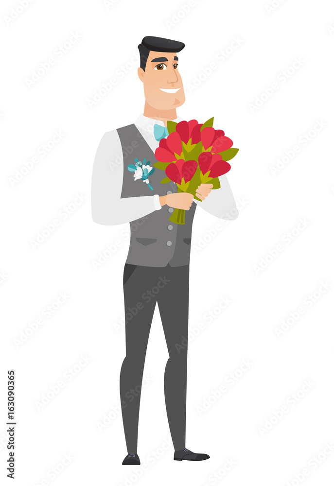 Caucasian groom holding a bouquet of flowers Caucasian groom holding a bouquet of flowers