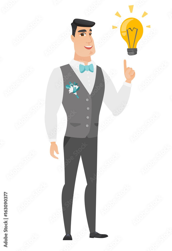 Groom pointing at business idea light bulb. Groom pointing at business idea light bulb.