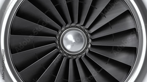 3d rendering. close up on animation of aircraft plane or jet engine blades fan rotation.