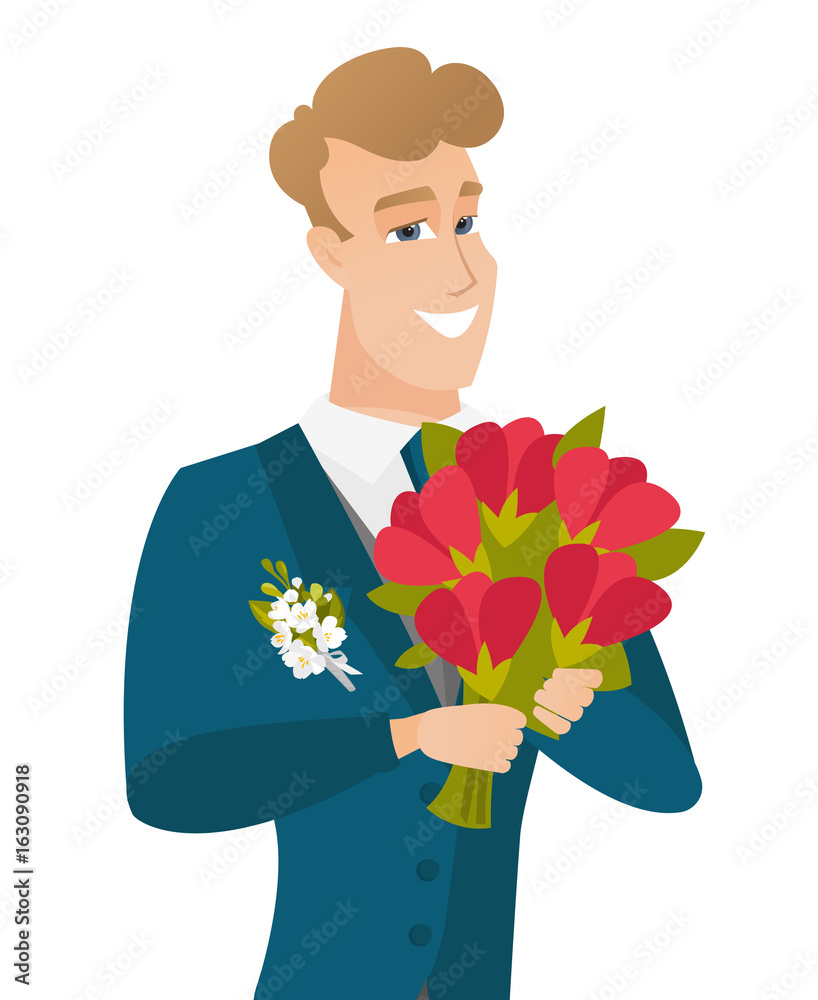 Young caucasian groom with bridal bouquet. Young caucasian groom with bridal bouquet.
