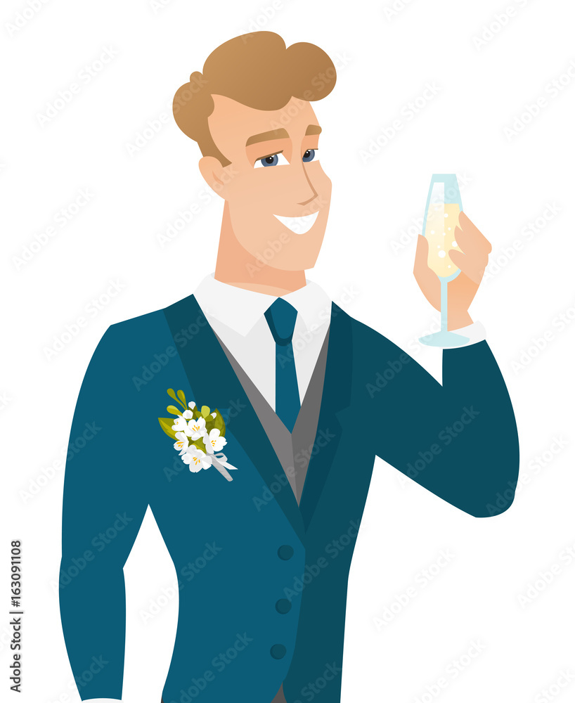 Young caucasian groom holding glass of champagne. Young caucasian groom holding glass of champagne.