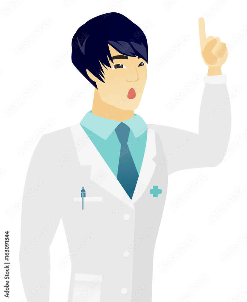 Asian doctor with open mouth pointing finger up. Asian doctor with open mouth pointing finger up.