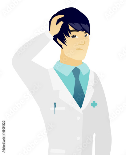 Young asian puzzled doctor scratching his head.