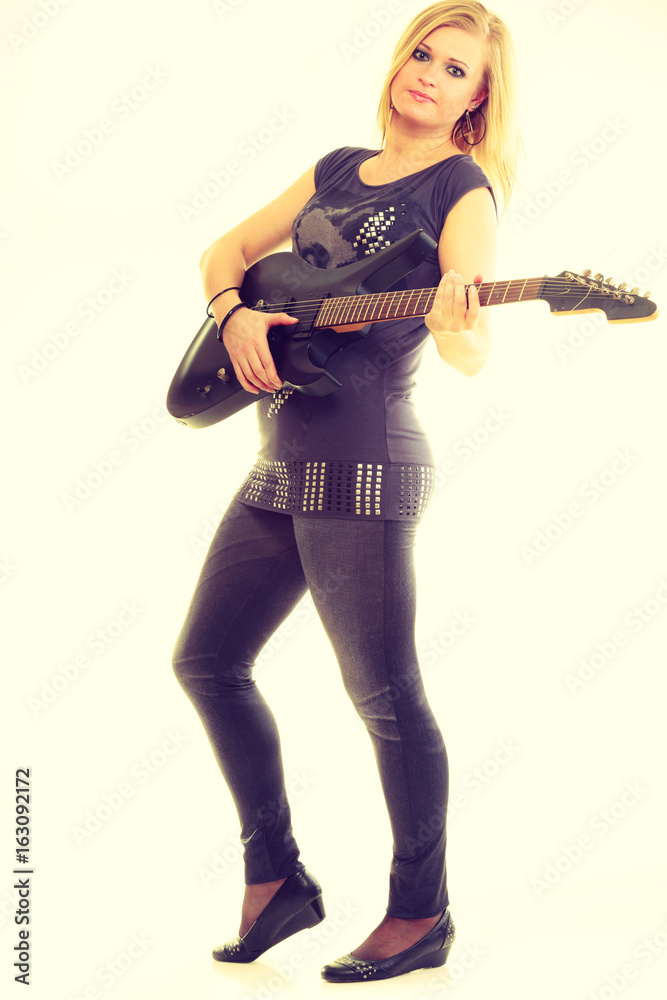 Woman artist player with electric guitar. Woman artist player with electric guitar.