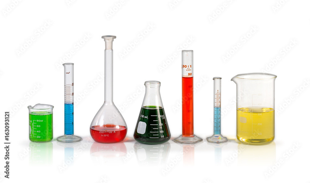 Chemical flasks with reagents isolated on white background