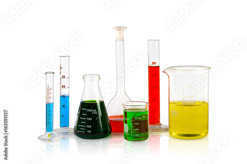 Chemical flasks with reagents isolated on white background