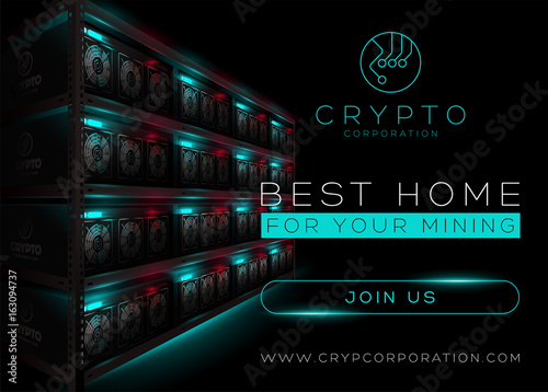 Detailed Vector Illustration of Bitcoin Mining Farm in Dark Room. Rack of Glowing Mining Computers.