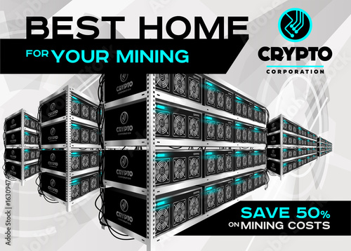 Detailed Vector Illustration of Bitcoin Mining Farm in Perspective. Racks of Mining Machines at Server Farm.