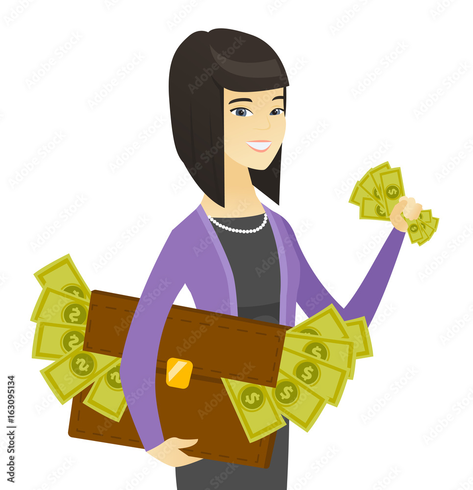 Asian business woman with briefcase full of money. Asian business woman with briefcase full of money.