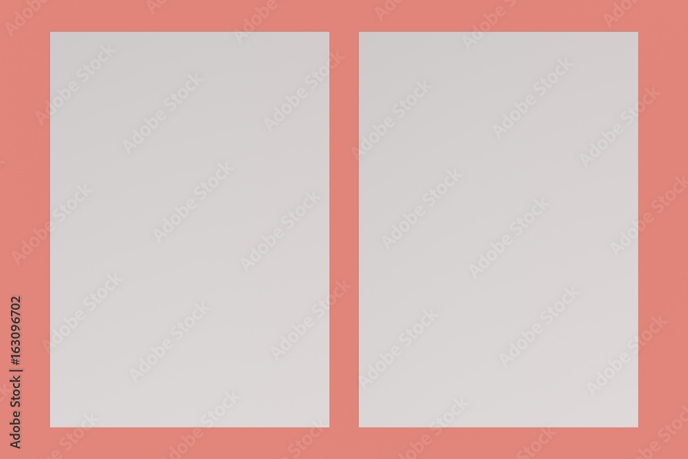 Two blank white flyers mockup on red background Two blank white flyers mockup on red background