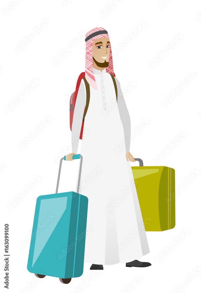 Young muslim man traveler with many suitcases. Young muslim man traveler with many suitcases.