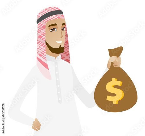 Muslim businessman holding a money bag.