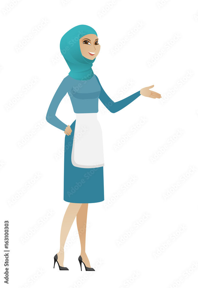 Muslim cleaner with arm out in a welcoming gesture Muslim cleaner with arm out in a welcoming gesture