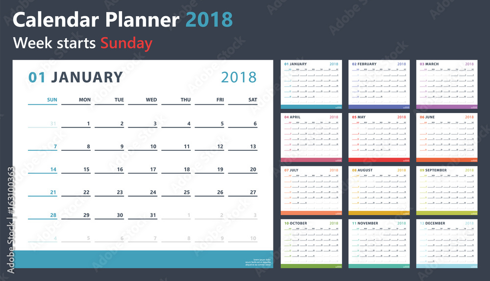 Calendar planner 2018, week starts sunday, vector design template Calendar planner 2018, week starts sunday, vector design template