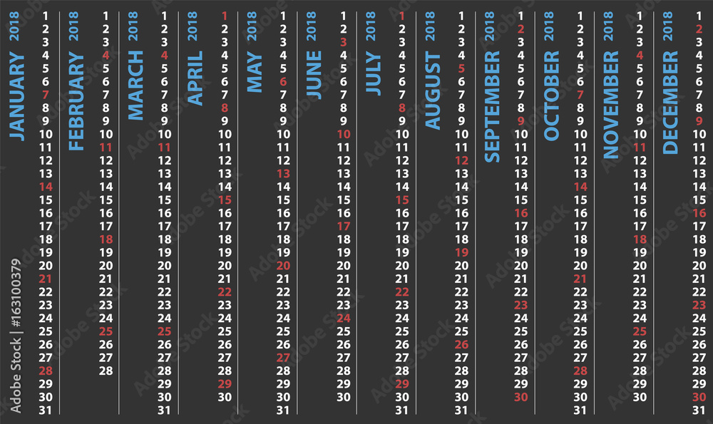 calendar 2018 with vertical design, vector calendar starts and selected sunday calendar 2018 with vertical design, vector calendar starts and selected sunday