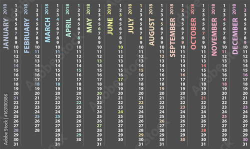 calendar 2018 with rainbow multicolored vertical design, vector calendar starts and selected sunday